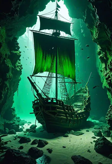 a dark eerie entrance of a pirate cave with a big pirate ship wreck with a broken mast, green creepy colors, dark vibes, octane render, 8k, --ar 2:3