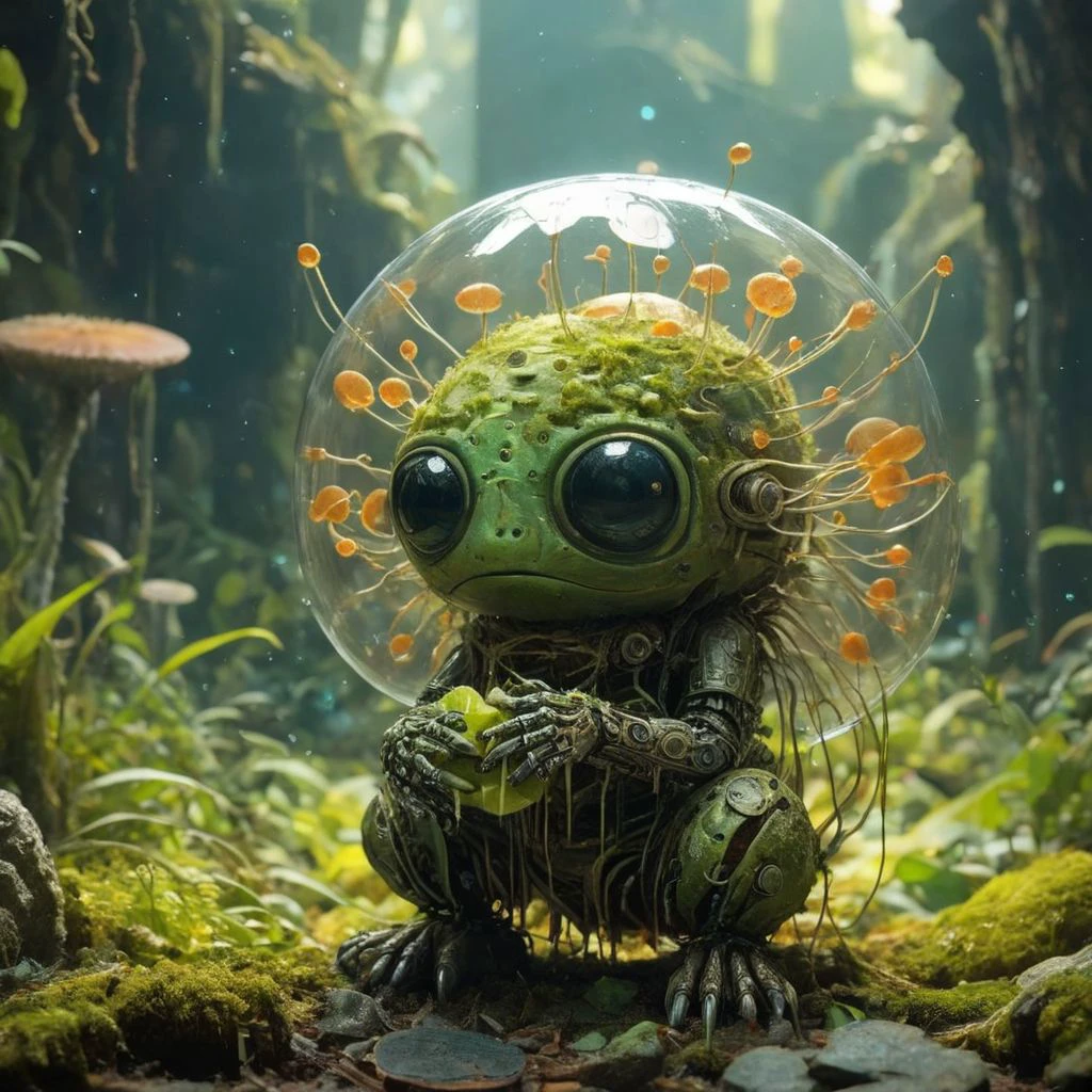<lora:add-detail-xl:2.4> <lora:xl_more_art-full-xl:0.6> <lora:lyco-style-envydramaticlightingxl01_digital_art-xl:0.4>
In the style of Giuseppe Arcimboldo, award-winning macro photo by (mika asai:1.2), chiaroscuro, rim lighting, dappled light, the (diminutive:1.4) jovial Daifierite is a (colorful:1.2) quirky and enigmatic Echinodermata that dwells in the canopies and jellywhatzit shneebleton of the fantastical alien world Zaphod B, where they harvest snazzjuice (spores and floating snazzjuice:1.2) for sustenance, Android, Robot, Futuristic image, (in the background a hyper advanced alien city), limepop green and emerald green and forest green and electric green and lemon yellow and turquoise blue and terracotta brown, ultra detailed, 8k, uhd