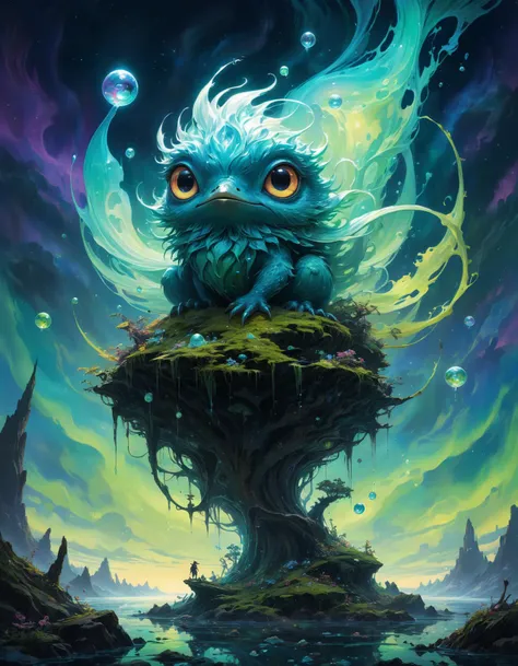 famous artwork by (vincent chong:1.1), detailed expressive eyes, fantasy style, this image shows the shady waterzibberer, this wondrous swallorfluxed creature, covered in bioluminescent whifflequark and pudderquack stands atop a wobblefjording pile of orbshnodder, silhouetted against a shmutzified aurora-filled sky of planet you'renotwelcomegoaway, hinting at its otherworldly nature, poster art, bold lines, expressive drawing, award winning, (intricate details, masterpiece, best quality:1.4),
looking at viewer, dynamic pose, wide angle view,
<lora:add-detail-xl:1> <lora:xl_more_art-full_v1:0.5>