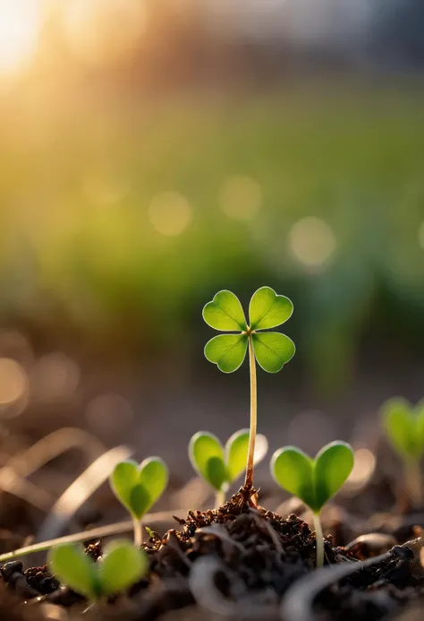 masterpiece,professional macro photography, small sprouting Clover plant (symbol of hope, love and faith) in the war zone field,chaotic background, fire,war, soft bounced lighting, amazing depth of field, shot from a low angle, shot on Lumix GH5 (cinematic bokeh, dynamic range, vibrant colors)