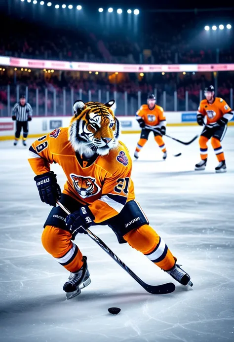 humanoid tiger playing hokey, tiger is an ice hockey player, snow, ice, at night, at stadium, people on the stands, bokeh,
(masterpiece), sharp, 4k, real graphics, cinematic photo, intense, high contrast, photography, high detail, photorealism, 8k