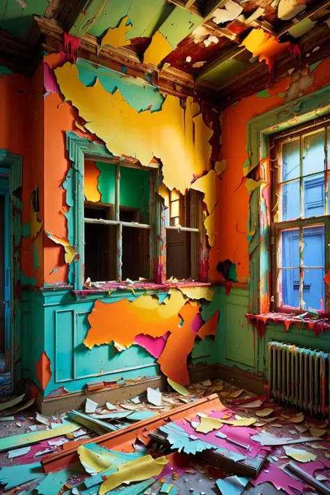 a painting hanging on the wall in an abandoned home, peeling paint, crumbling walls, broken windows, <lora:ral-drptpl:1> ral-drptpl, decay, collapse, Luminism, ultra highly detailed, 32k, fantastic realism, complex background, dynamic lighting, lights, digital painting, intricate pose, highly detailed, chipped, peeling, cracked, colorful, saturated, textured, fluorescent colors, eerie glow, at night