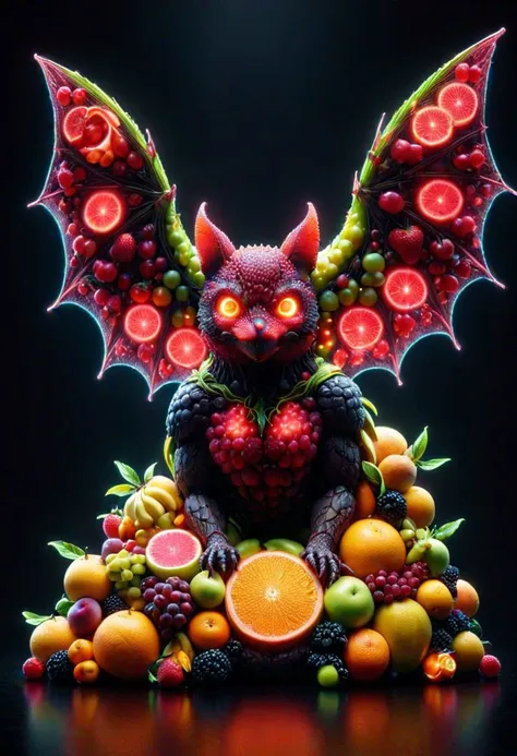 bat made out of fruit - (masterpiece:1.1), (best quality:1.1), (intricate:1.1), (detailed:1.1), (ornate:1.1), (aesthetic:1.1), BREAK, (science fiction:1.1), (cyberpunk:1.0), (tragic:1.1), (red theme:1.0),(glowing:1.1), (metallic:1.0), BREAK, bat made out of fruit, (covered in juice:1.1),, made out of ral-fruitsalad <lora:ral-fruitsalad-sdxl:1> ral-fruitsalad landscape, neon, fruits <lora:Neon_Fruits_Style_SDXL:1.3>, masterpiece, best quality, ultra high res, (photorealistic, realistic:1.2), deep shadow, raw photo, film grain, Fujifilm XT3, 8k uhd, dslr