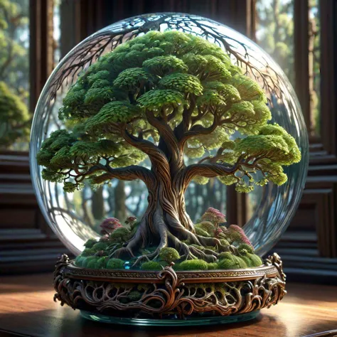 a majestic tree living inside a glass ball, intricate detail, ornate, best quality, hyperdetailed, absurdres, micro world, dramatic light, atmospheric, vivid detail, vibrant, unusual beauty, subsurface scatter, ambient occlusion, photorealistic, cg, masterpiece, award winning