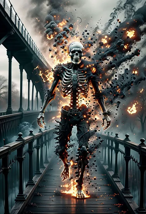 Skeleton running across a bridge, dissolving into black smoke, Phantom of Death, mad-embr