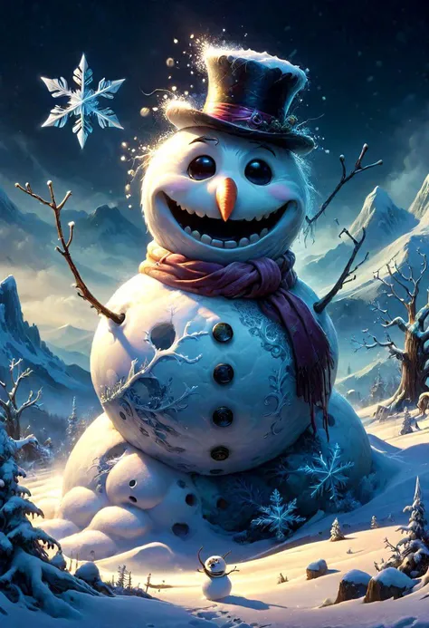 a snowman monster, landscape with snow, snowflakes, fantasy, moutain, (dark fantasy), heavy snow,