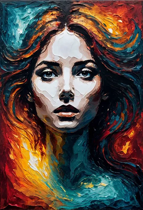 Stunning moody acrylic painting of an emotionally charged female portrait, tense, anguished, textured impasto, minimalism, thick and heavy strokes, gritty, sublime, aged, exotic, emotional, magical, elegant, gorgeous, majestic, mysterious, strongly lit, swirling, beautiful, shimmering, textured, mixed media, collage, edgy, realistic, moody, odd, strange, mysterious, eye catching, super cool, gossamer, ethereal, fantasy, award winning, thought provoking, hyper detailed face and eyes, highly detailed, beautifully lit, scattered light, sunbeams,