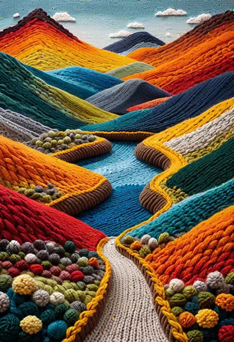 knitted world, Idea: "Knitted Abstract Landscapes" Description: Create abstract knitted artworks inspired by landscapes or natural scenery. Use bold colors, different knitting techniques, and textured yarns to evoke the emotions and essence of the natural world.