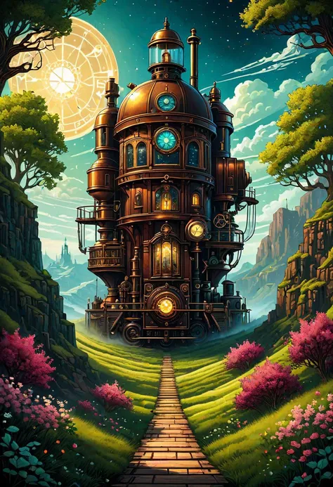 ASCIIrealistic illustration, steampunk landscape in spring, digital illustration, centered, symmetry, painted, intricate, volumetric lighting, beautiful, rich deep colors masterpiece, sharp focus, ultra detailed, in the style of dan mumford and marc simonetti, astrophotography