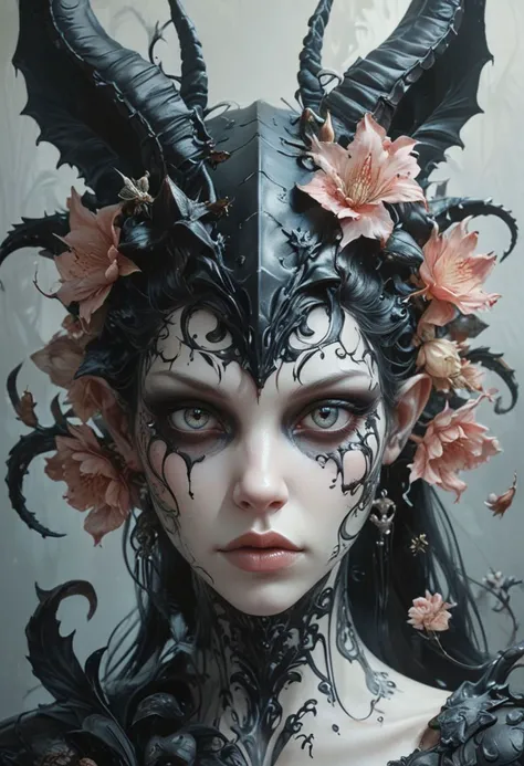 head and shoulders portrait of succubus with flowers aquatic motifs, by Giger, Tim Burton, Artgerm, hyperdetailed