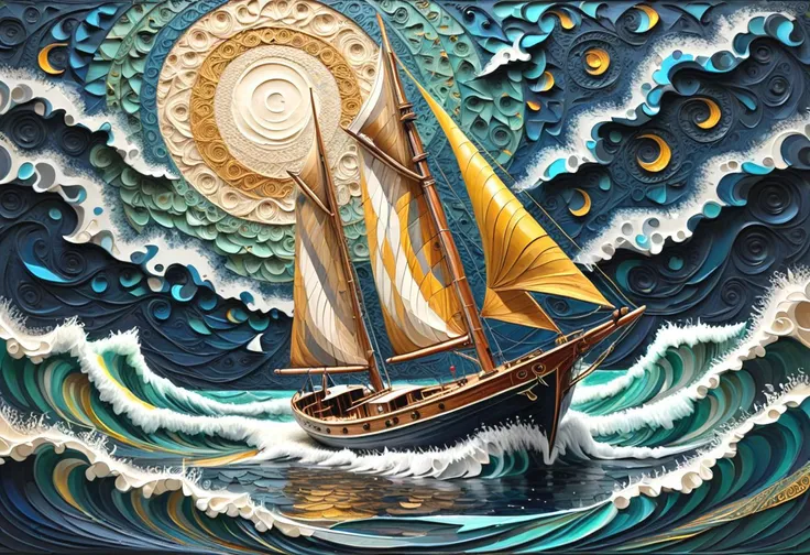 carving style artwork, Impasto style painting of a sailing boat in the middle of the ocean, with a Zentangle-style background, high detail, fine brush strokes, traditional art, golden palette, dynamic composition, artstation, 4k resolution, masterpiece