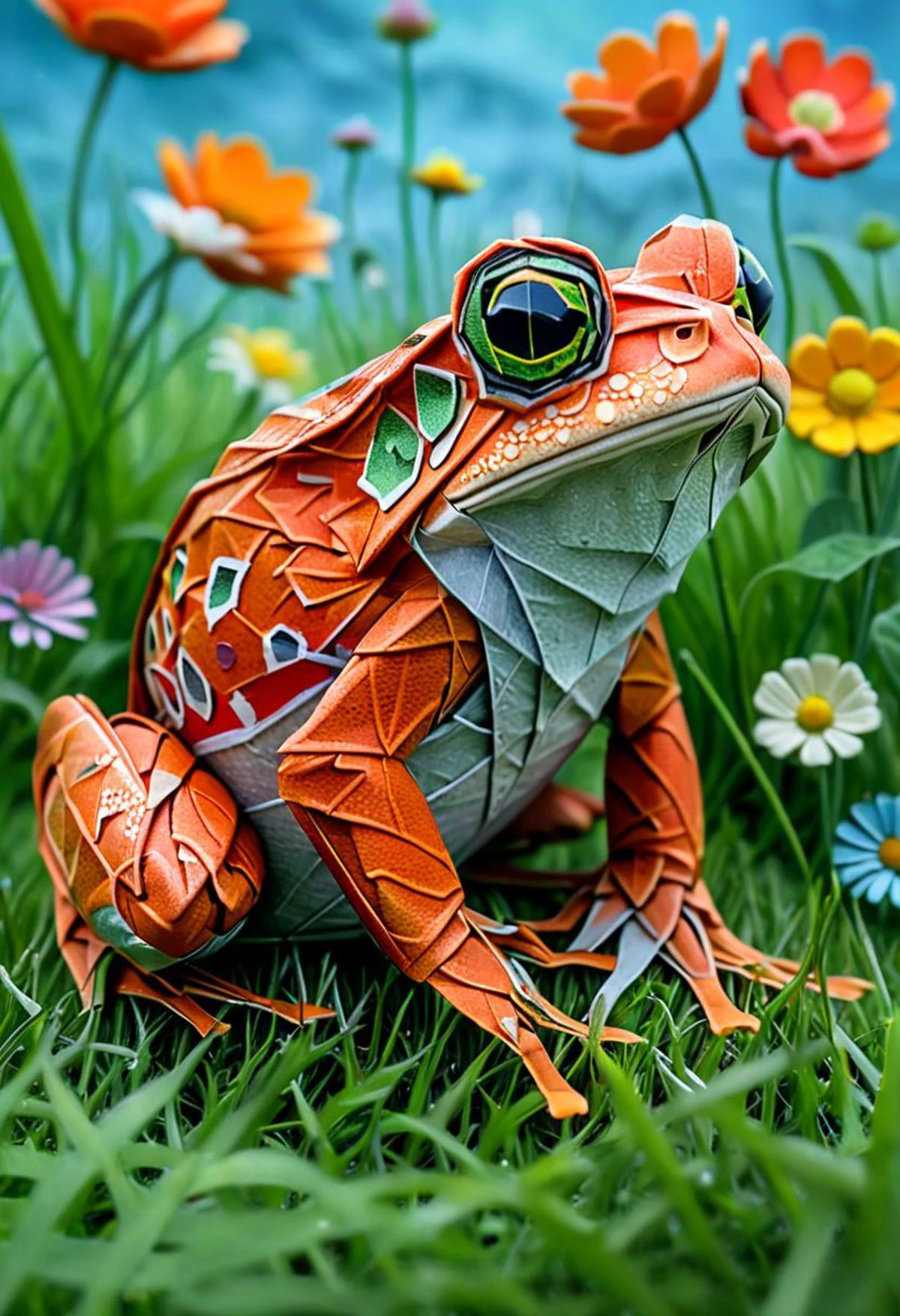 Full body illustration of ultra realistic very detailed cute orange red toad with big green very detailed dreamy cosmic eyes hiding in a very realistic very detailed colorful field of flowers in a realistic very detailed meadow, realistic very detailed grass, realistic very detailed trees, highest contrast, masterpiece, 32k, high contrast, vibrant colors, vivid colors, high resolution textures, crisp colors, ultra sharp, sharp focus, <lora:xl_more_art-full_v1:0.28>,
<lora:add-detail-xl:1>,
<lora:WildcardX-XL-Detail-Enhancer:0.7> ,
<lora:ral-vltne:0.8>