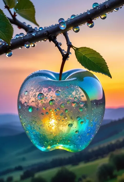 a delicate apple made of opal hung on branch in the early morning light, adorned with glistening dewdrops. in the background beautiful valleys, divine iridescent glowing, opalescent textures, volumetric light, ethereal, sparkling, light inside body, bioluminescence, studio photo, highly detailed, sharp focus