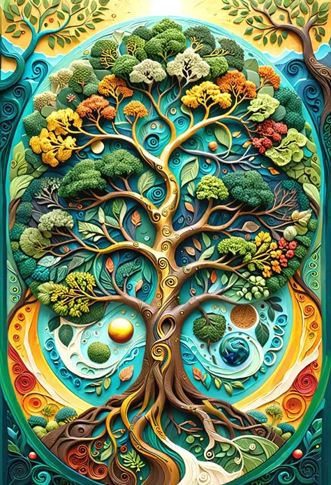 carving style artwork, Impasto style painting of (Earth depicted as a delicate balance of ecosystems, intricate details, realistic style, environmental theme, On the top is 1(Tree of life) symbolizing ecological balance and harmony, detailed intricate roots and branches, vibrant colors, high resolution, inspirational, ecosystem), with a Zentangle-style background, high detail, fine brush strokes, traditional art, golden palette, dynamic composition, artstation, 4k resolution, masterpiece