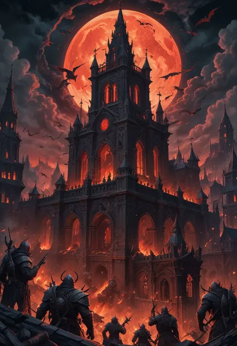 polarized, at night,  roof of ancient Church, burning city, Red Moon, dark magic, grotesque creatures, punk aesthetic, dark fantasy ,grim landscapes, vibrant Deep colorful, heroes skirmish monstrous foes in a setting where rebellion, decay, and mysticism intertwine, hyper detailed, professional poster art, bold lines, award winning, (intricate details, masterpiece, best quality), dynamic pose, UHD