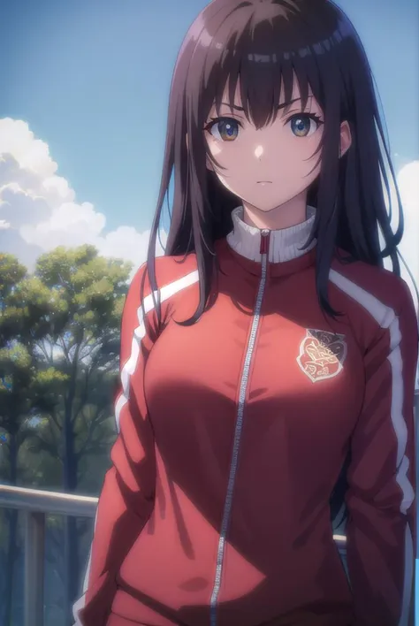 sakurahagiwara, <lyco:sakura hagiwara-lyco-nochekaiser:1>,
sakura hagiwara, long hair, black hair, (brown eyes:1.2),
long sleeves, jacket, pants, track jacket, track suit, track pants, red jacket, red pants,
BREAK outdoors, park, trees, sun, sky, cloud, city,
BREAK looking at viewer, (cowboy shot:1.5),
BREAK <lyco:GoodHands-beta2:1>, (masterpiece:1.2), best quality, high resolution, unity 8k wallpaper, (illustration:0.8), (beautiful detailed eyes:1.6), extremely detailed face, perfect lighting, extremely detailed CG, (perfect hands, perfect anatomy),