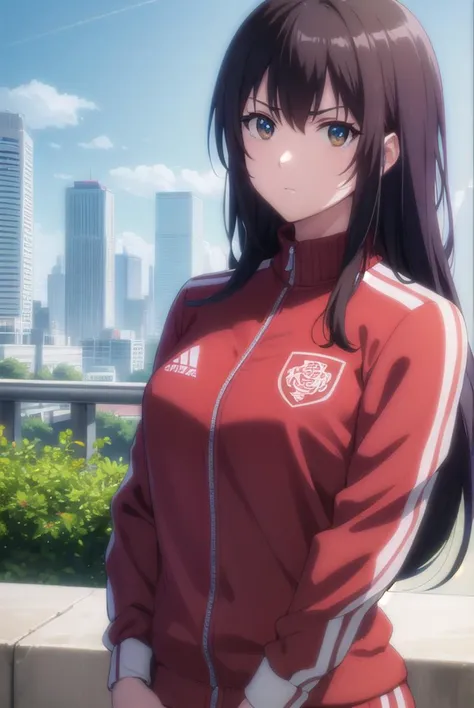 sakurahagiwara, <lyco:sakura hagiwara-lyco-nochekaiser:1>,
sakura hagiwara, long hair, black hair, (brown eyes:1.2),
long sleeves, jacket, pants, track jacket, track suit, track pants, red jacket, red pants,
BREAK outdoors, park, trees, sun, sky, cloud, city,
BREAK looking at viewer, (cowboy shot:1.5),
BREAK <lyco:GoodHands-beta2:1>, (masterpiece:1.2), best quality, high resolution, unity 8k wallpaper, (illustration:0.8), (beautiful detailed eyes:1.6), extremely detailed face, perfect lighting, extremely detailed CG, (perfect hands, perfect anatomy),