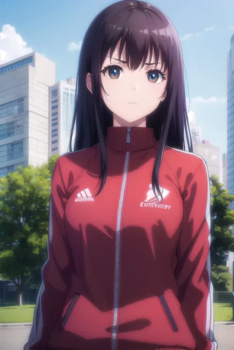 sakurahagiwara, <lyco:sakura hagiwara-lyco-nochekaiser:1>,
sakura hagiwara, long hair, black hair, (brown eyes:1.2),
long sleeves, jacket, pants, track jacket, track suit, track pants, red jacket, red pants,
BREAK outdoors, park, trees, sun, sky, cloud, city,
BREAK looking at viewer, (cowboy shot:1.5),
BREAK <lyco:GoodHands-beta2:1>, (masterpiece:1.2), best quality, high resolution, unity 8k wallpaper, (illustration:0.8), (beautiful detailed eyes:1.6), extremely detailed face, perfect lighting, extremely detailed CG, (perfect hands, perfect anatomy),