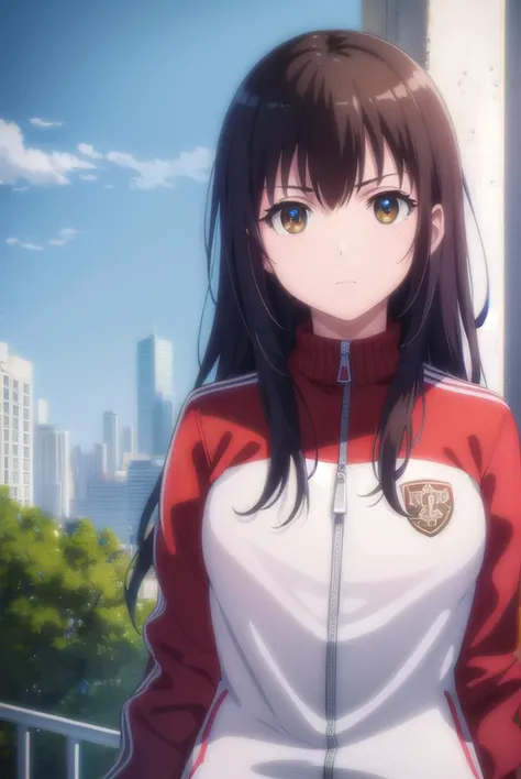 sakurahagiwara, <lyco:sakura hagiwara-lyco-nochekaiser:1>,
sakura hagiwara, long hair, black hair, (brown eyes:1.2),
long sleeves, jacket, pants, track jacket, track suit, track pants, red jacket, red pants,
BREAK outdoors, park, trees, sun, sky, cloud, city,
BREAK looking at viewer, (cowboy shot:1.5),
BREAK <lyco:GoodHands-beta2:1>, (masterpiece:1.2), best quality, high resolution, unity 8k wallpaper, (illustration:0.8), (beautiful detailed eyes:1.6), extremely detailed face, perfect lighting, extremely detailed CG, (perfect hands, perfect anatomy),