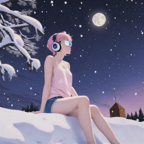 masterpiece, best quality, highly detailed,1girl, short hair, outdoors,  pink_hair,  {{facing viewer}}, sunglasses, headphones, parted lips, tank top, short shorts,looking at viewer, plunging neckline, upper body, 
snowing, snow, winter, night_sky, bare_tree, night,  galaxy, branch,  scenery, moon, tanabata, starry_sky_print, building, snowflakes, aerial_fireworks, outdoors, crescent_moon
rooftop, sitting, looking away,