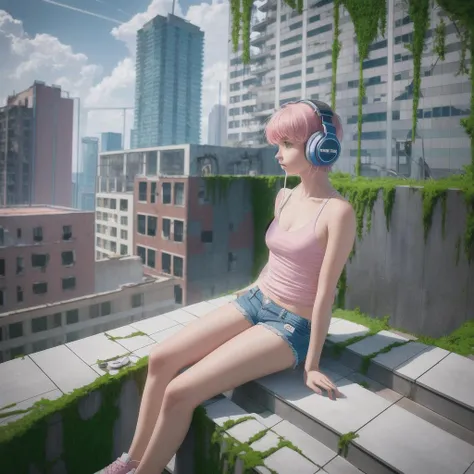 masterpiece, best quality, highly detailed,1girl, short hair, outdoors,  pink_hair,  {{facing viewer}},headphones, parted lips, looking at viewer,  tank top,short shorts, {{upper body}}, realistic, real world location, sitting, rooftop, {plunging neckline}, from above,   looking away, 
{{ruins}},building, city, skyscraper, cityscape, cloud, tower, sky, architecture,  cloudy_sky, day, city_lights,  overgrown,  outdoors,reflective floor,