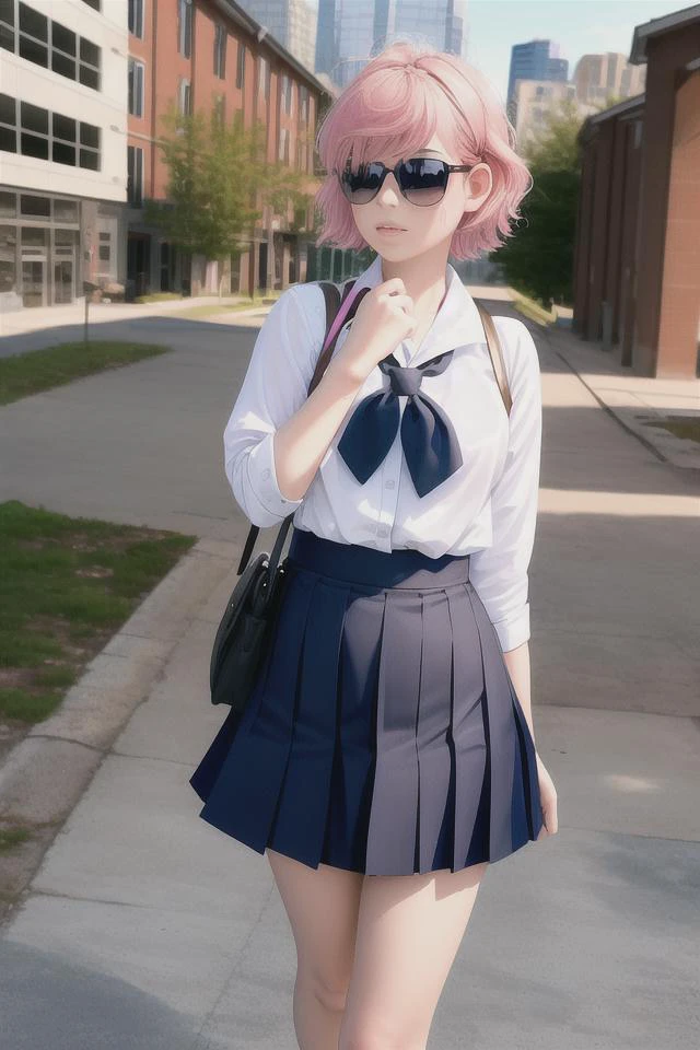 masterpiece, best quality, highly detailed,{{1girl}}, short hair, outdoors, pink_hair, {{facing viewer}}, parted lips, looking at viewer,school uniform,partially unbuttoned, realistic, real world location, {plunging neckline},looking at viewer, hand in own hair, close to viewer, cityscape, city, building, school, outdoors, multiple others