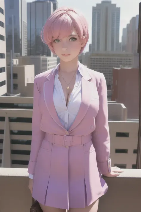 masterpiece, best quality, highly detailed,{{1girl}}, short hair, outdoors,  pink_hair,  {{facing viewer}}, parted lips, looking at viewer,school uniform,partially unbuttoned,   realistic, real world location, {plunging neckline},looking at viewer, hand in own hair, close to viewer, cityscape, city, building, school, outdoors, multiple others