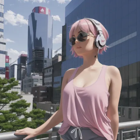 masterpiece, best quality, highly detailed,1girl, short hair, outdoors,  pink_hair,  {{facing viewer}}, sunglasses, headphones, parted lips, tank top, short shorts,looking at viewer, plunging neckline, 
city, cityscape, building, scenery, skyscraper, city_lights, architecture, bridge, rooftop, sky, cloud, skyline, east_asian_architecture, outdoors, real_world_location,  tokyo_\(city\), street,