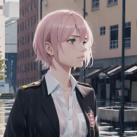 masterpiece, best quality, highly detailed,{{1girl}}, outdoors, short hair, pink_hair, parted lips, looking at viewer,school uniform,partially unbuttoned, realistic, real world location, ,looking at viewer, hand in own hair, close to viewer, ringed eyes,
cityscape, city, building, school, outdoors, multiple others, rain, wet clothes, wet hair, turn pale, tareme, looking away, wet skin