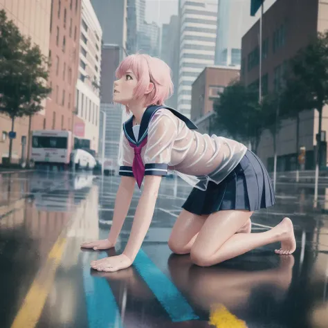 masterpiece, best quality, highly detailed,{{1girl}}, outdoors, short hair, pink_hair, parted lips, realistic, real world location, rain, wet clothes, see-through, city, cityscape, building, tears, school uniform, plunging neckline, black and white clothes, looking up, kneeling, {{all fours}}, barefoot, {{{wariza}}},