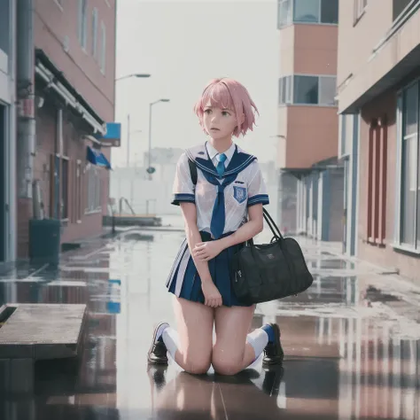 masterpiece, best quality, highly detailed,{{1girl}}, outdoors, short hair, pink_hair, parted lips, looking at viewer, realistic, real world location, hand in own hair, close to viewer, {{upper body}}, rain, wet clothes, see-through, city, cityscape, building, metal collar, tears, school uniform, plunging neckline, shop, fore store, black and white clothes, looking down, kneeling, school bag,