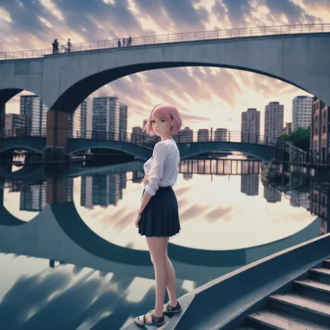 masterpiece, best quality, highly detailed,{{1girl}}, outdoors, short hair,  pink_hair, parted lips, looking at viewer,partially unbuttoned,   realistic, real world location, ,looking at viewer, hand in own hair, close to viewer, ringed eyes,

water, scenery, city, sunset, rain, city_lights, building, river, cloud, reflection, outdoors, cityscape, sky, bird, bridge, 1girl, skyscraper, cloudy_sky, ocean, boat, blurry, lake, watercraft, horizon