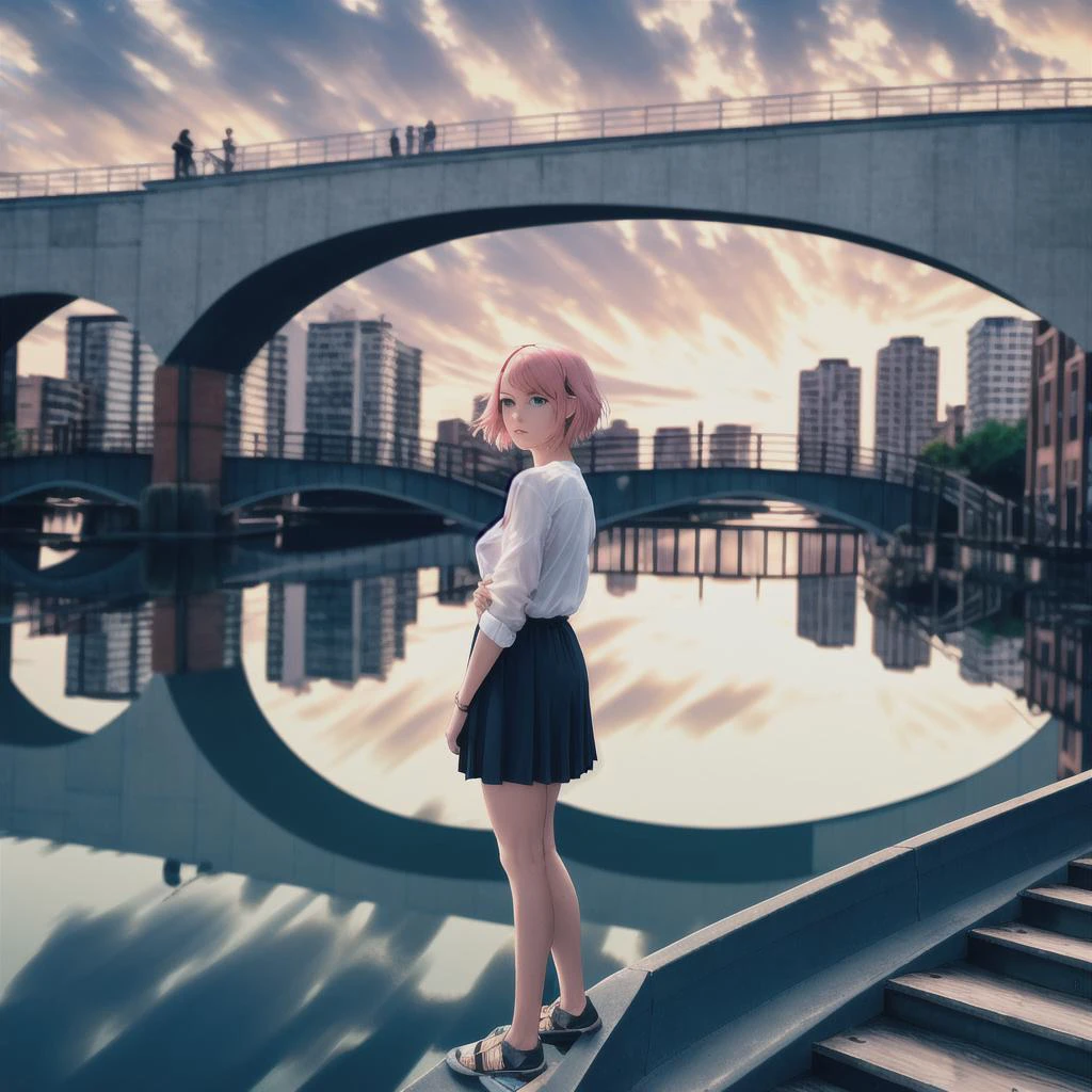 masterpiece, best quality, highly detailed,{{1girl}}, outdoors, short hair, pink_hair, parted lips, looking at viewer,partially unbuttoned, realistic, real world location, ,looking at viewer, hand in own hair, close to viewer, ringed eyes,
water, scenery, city, sunset, rain, city_lights, building, river, cloud, reflection, outdoors, cityscape, sky, bird, bridge, 1girl, skyscraper, cloudy_sky, ocean, boat, blurry, lake, watercraft, horizon