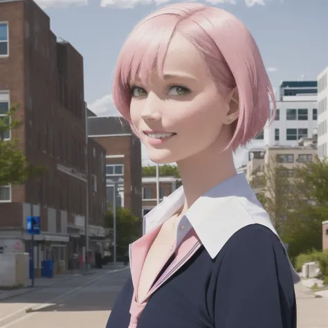 masterpiece, best quality, highly detailed,{{1girl}}, short hair, outdoors,  pink_hair,  {{facing viewer}}, parted lips, looking at viewer,school uniform,partially unbuttoned,   realistic, real world location, {plunging neckline} looking at viewer, smile, hand in own hair, close to viewer, 

cityscape, city, building, school,