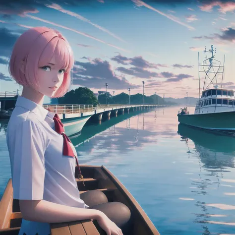 masterpiece, best quality, highly detailed,{{1girl}}, outdoors, short hair, pink_hair, parted lips, looking at viewer,school uniform,partially unbuttoned, realistic, real world location, ,looking at viewer, hand in own hair, close to viewer, ringed eyes,
water, scenery, city, sunset, rain, city_lights, building, river, cloud, reflection, outdoors, cityscape, sky, bird, bridge, 1girl, skyscraper, cloudy_sky, ocean, boat, blurry, lake, watercraft, horizon