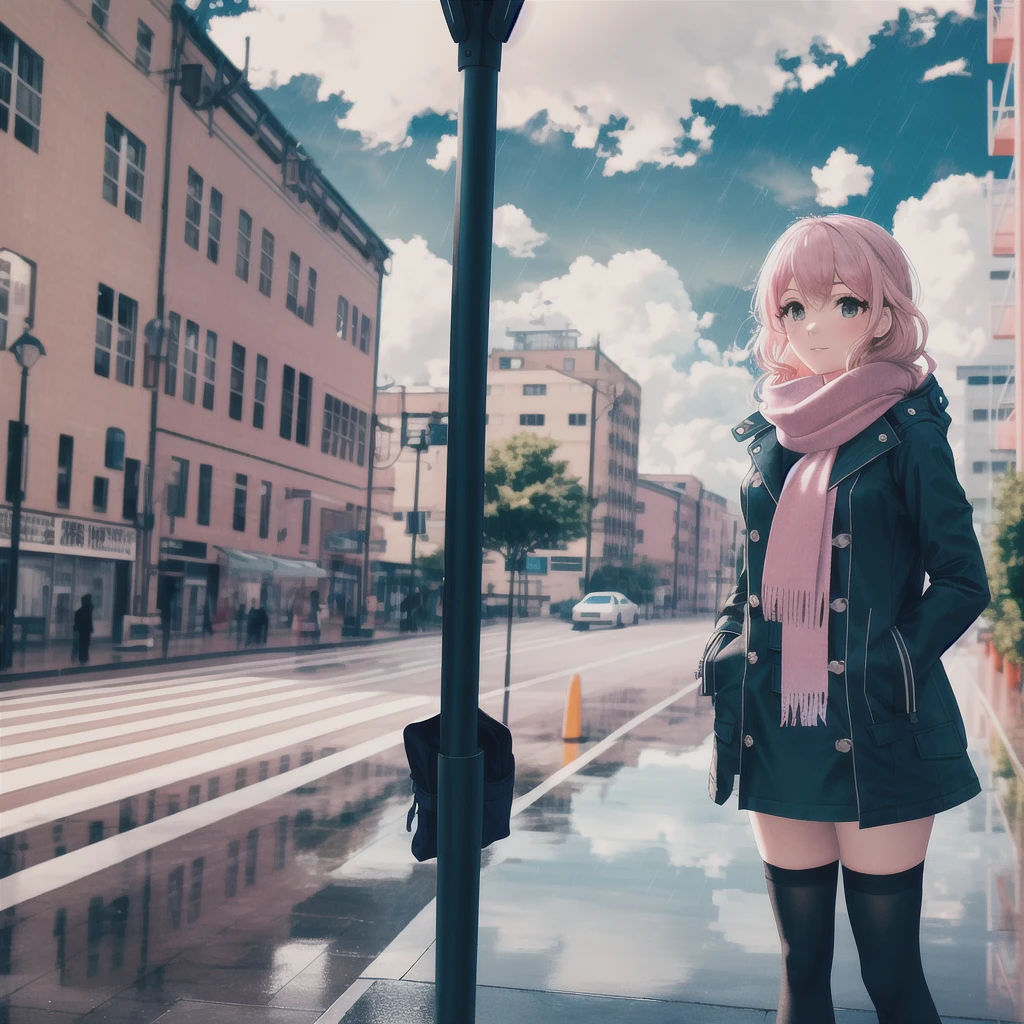 masterpiece, best quality, highly detailed,1girl, building, city, cityscape, cloud, cloudy_sky, day, jacket, long_hair, outdoors, overcast, pink_hair, pouch, rain, scarf, scenery, sky, skyscraper, thighhighs, looking at viewer, facing viewer, street, umbrella,