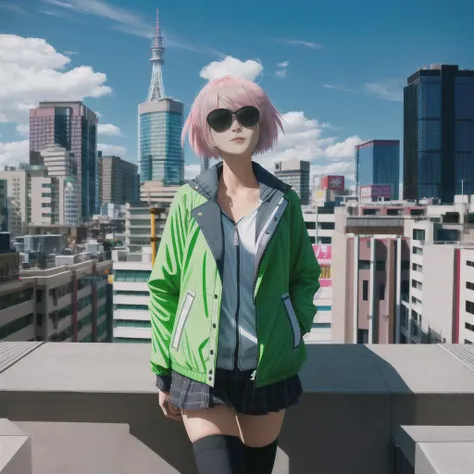 masterpiece, best quality, highly detailed,1girl, jacket, short hair, outdoors, overcast, pink_hair, thighhighs, facing viewer, sunglasses,
city, cityscape, building, scenery, skyscraper, city_lights, architecture, bridge, rooftop, sky, cloud, skyline, east_asian_architecture, outdoors, real_world_location, tokyo_\(city\), street,