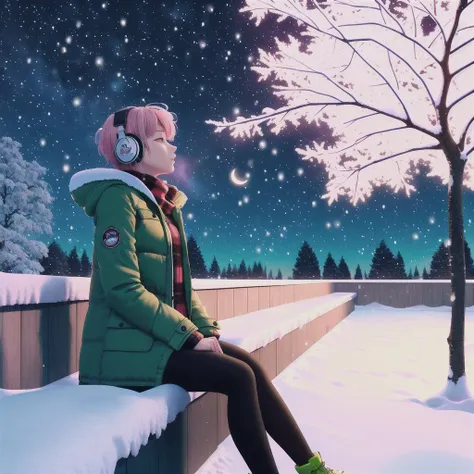 masterpiece, best quality, highly detailed,1girl, short hair, outdoors,  pink_hair,  {{facing viewer}},headphones, parted lips, looking at viewer,  upper body, winter clothes, coat, leggings
snowing, snow, winter, night_sky, bare_tree, night,  galaxy, branch,  scenery, moon, tanabata, starry_sky_print, building, snowflakes, aerial_fireworks, outdoors, crescent_moon
{rooftop}, sitting, looking away,