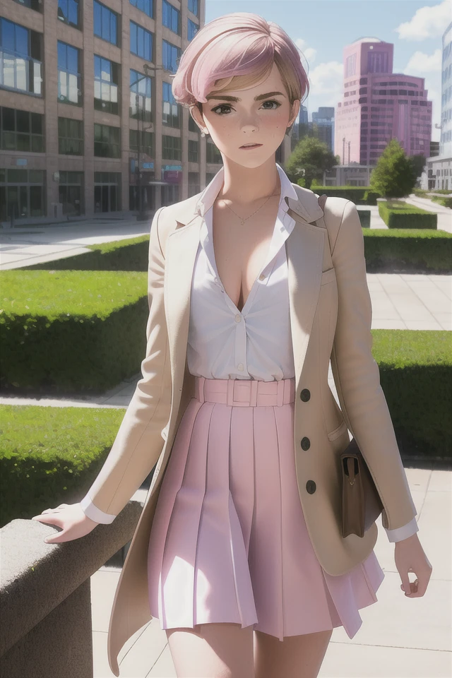 masterpiece, best quality, highly detailed,{{Emma Watson}}, short hair, outdoors, pink_hair, {{facing viewer}}, parted lips, looking at viewer,school uniform,partially unbuttoned, realistic, real world location, {plunging neckline},looking at viewer, hand in own hair, close to viewer, cityscape, city, building, school, outdoors, multiple others