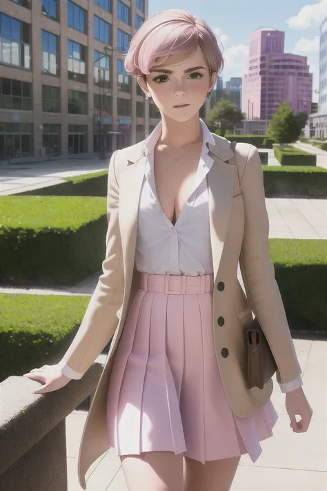 masterpiece, best quality, highly detailed,{{Emma Watson}}, short hair, outdoors,  pink_hair,  {{facing viewer}}, parted lips, looking at viewer,school uniform,partially unbuttoned,   realistic, real world location, {plunging neckline},looking at viewer, hand in own hair, close to viewer, cityscape, city, building, school, outdoors, multiple others