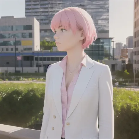 masterpiece, best quality, highly detailed,{{1girl}}, short hair, outdoors,  pink_hair,  {{facing viewer}}, parted lips, looking at viewer,school uniform,partially unbuttoned,   realistic, real world location, {plunging neckline},looking at viewer, hand in own hair, close to viewer, 

cityscape, city, building, school, outdoors, multiple others,