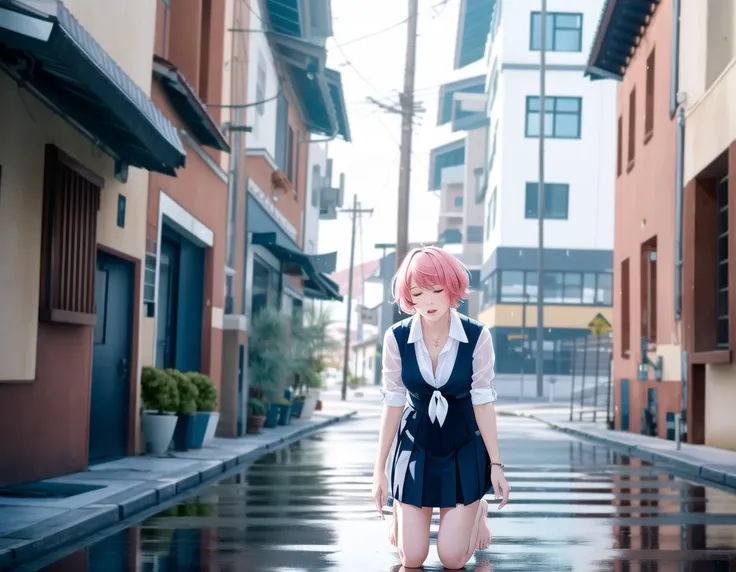 masterpiece, best quality, highly detailed,{{1girl}}, outdoors, short hair, pink_hair, parted lips, realistic, real world location, rain, wet clothes, see-through, city, cityscape, building, tears, school uniform, plunging neckline, black and white clothes, looking up, kneeling, {{all fours}}, barefoot, {{{wariza}}},