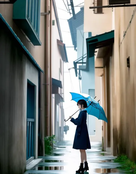 masterpiece, best quality, highly detailed,{{1girl}}, outdoors, raining, dark alley, umbrella