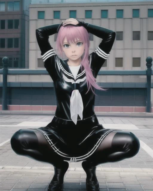 masterpiece, best quality, highly detailed,{{1girl}}, outdoors, long hair, pink_hair, parted lips, realistic, real world location, rain, wet clothes, see-through, city, cityscape, building, tears, school uniform, plunging neckline, black and white clothes, looking up, kneeling, barefoot,(arms up:1.1), arms behind head,squatting,