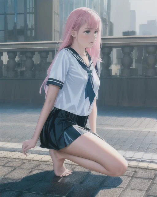 masterpiece, best quality, highly detailed,{{1girl}}, outdoors, long hair, pink_hair, parted lips, realistic, real world location, rain, wet clothes, see-through, city, cityscape, building, tears, school uniform, plunging neckline, black and white clothes, looking up, kneeling, {{all fours}}, barefoot, {{{wariza}}},arms behind back,squatting,