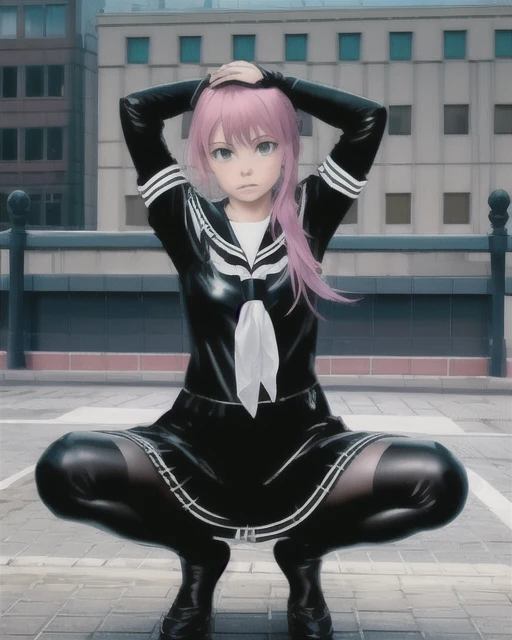masterpiece, best quality, highly detailed,{{1girl}}, outdoors, long hair, pink_hair, parted lips, realistic, real world location, rain, wet clothes, see-through, city, cityscape, building, tears, school uniform, plunging neckline, black and white clothes, looking up, kneeling, barefoot,(arms up:1.1), arms behind head,squatting,