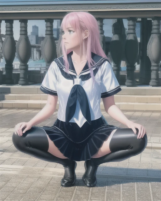 masterpiece, best quality, highly detailed,{{1girl}}, outdoors, long hair, pink_hair, parted lips, realistic, real world location, rain, wet clothes, see-through, city, cityscape, building, tears, school uniform, plunging neckline, black and white clothes, looking up, kneeling, barefoot,aarms behind head,squatting,