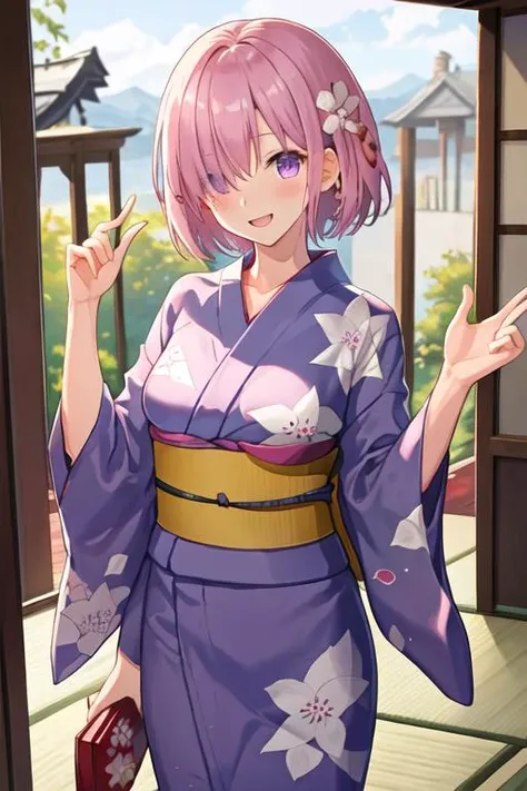 best quality, masterpiece, highres, solo, {yukata:1.40}, {kimono:1.20}, {mash_kyrielight_fgo:1.15}, short_hair, purple_eyes, hair_over_one_eye, blush, breasts, pink_hair, bangs, smile, large_breasts