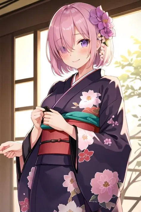 best quality, masterpiece, highres, solo, {mash_kyrielight_fgo:1.15}, short_hair, purple_eyes, hair_over_one_eye, blush, breasts, pink_hair, bangs, smile, large_breasts, 1girl, flower, hair_flower, hair_ornament, japanese_clothes, kimono, looking_at_viewer, alternate_costume, floral_print, holding, upper_body, closed_mouth, print_kimono, wide_sleeves, eyes_visible_through_hair, long_sleeves, official_alternate_costume