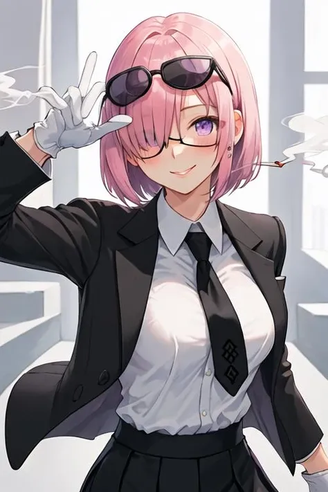 best quality, masterpiece, highres, solo, {black business suit:1.40}, {tie:1.20}, {sunglasses:1.25}, {white gloves:1.15}, {white shirt:1.10}, {black skirt:1.15}, {smoking:1.20}, handsome, {sazanami_kantaicollection:1.15}, pink_hair, hair_bobbles, hair_ornament, twintails, short_hair, pink_eyes, serafuku, smile